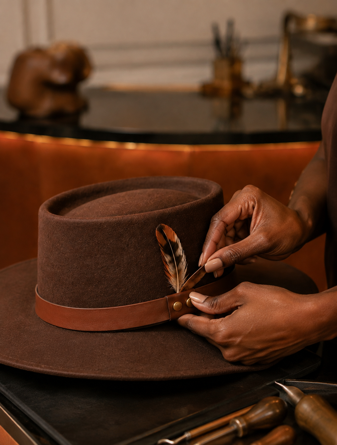 Brown-skinned artisan hands finishing a tobacco wool felt fedora with a leather band and feather