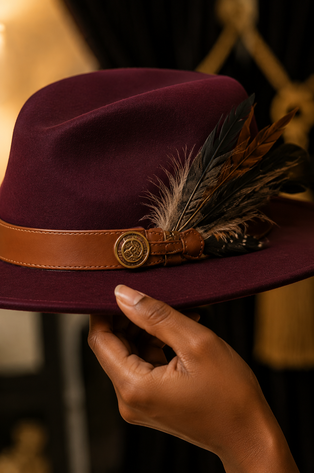Close detail of smooth beaver fur felt, hand-stitched cognac band, feathers and refined brim finish