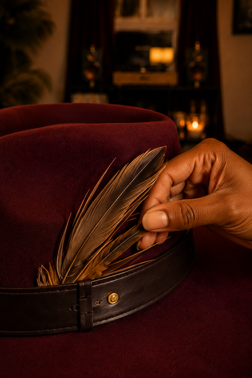 Close detail of oxblood rabbit fur felt, stitched leather band, layered feathers and gold hardware